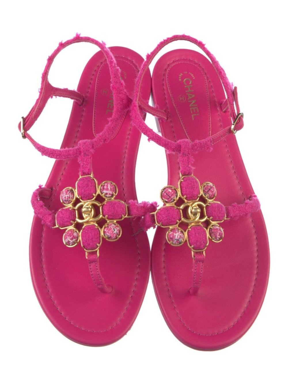 Chanel Hot Pink Tweed Leather CC Logo T-Strap Sandals